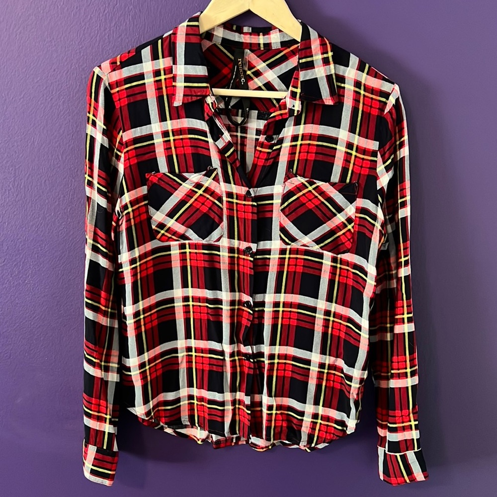 Plaid button front fall top